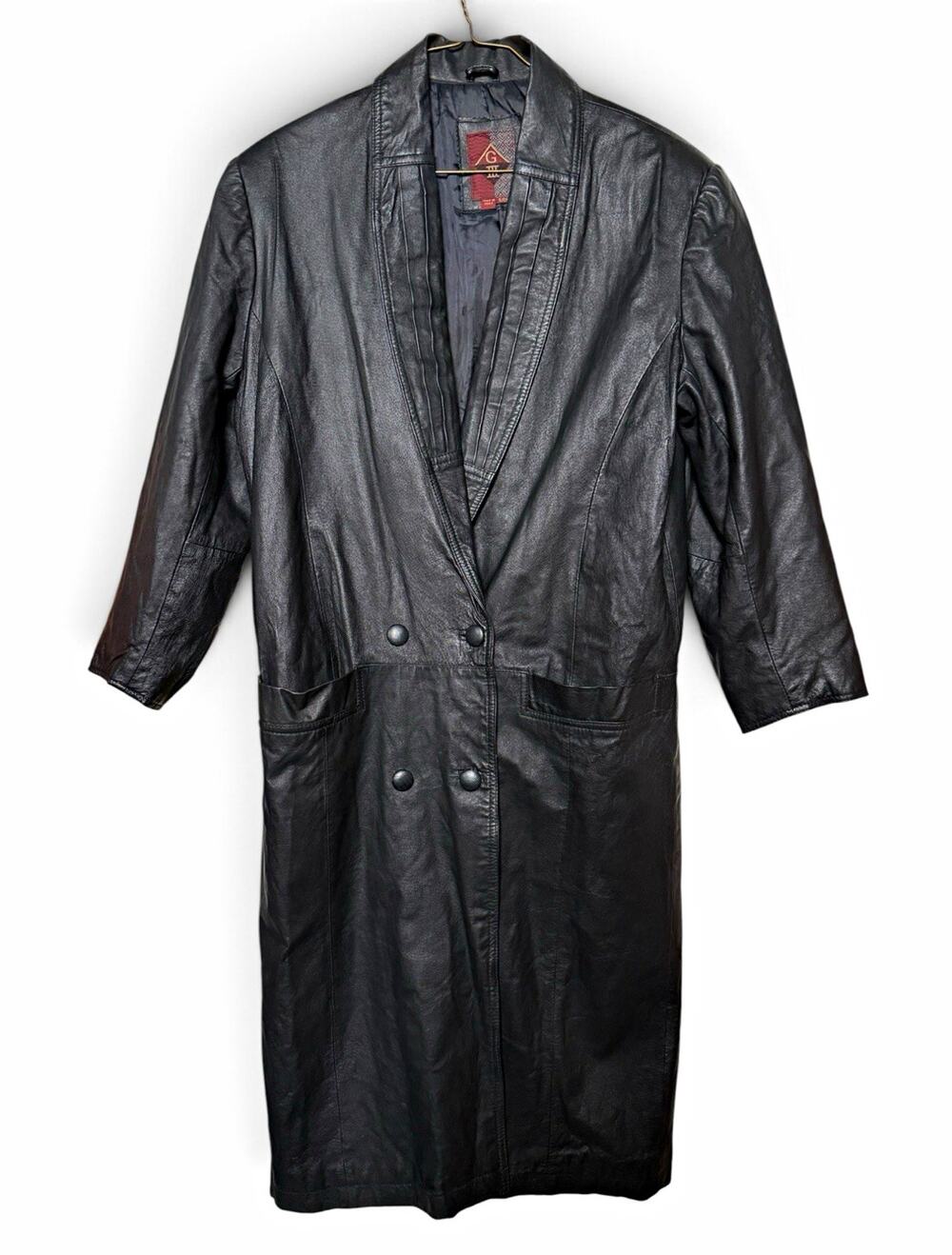 Vintage G-III Black Leather Trench Coat S Oversized Pleated Collar 80s 90s Y2K